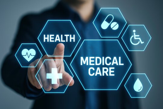 Hand Touching Digital Interface with Health Icons for Wellness, Innovation, and Future Service Solutions