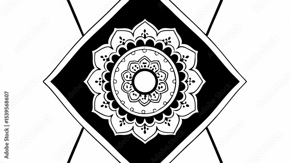 Poster monochrome mandala design centered within a black diamond shape with white background elements creat