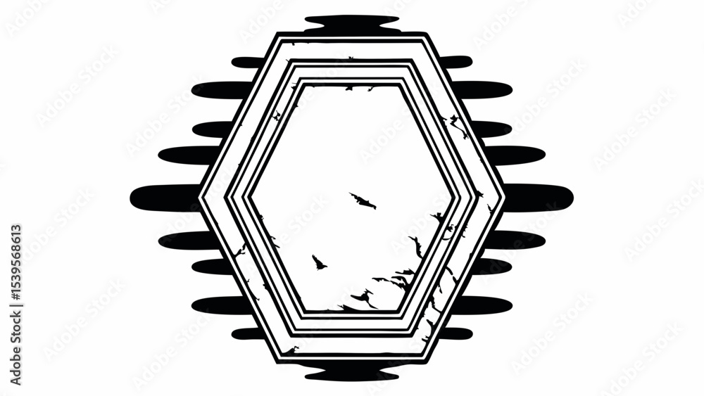 Poster a geometric hexagon frame with grunge texture and surrounding black oval shapes on a white backgroun