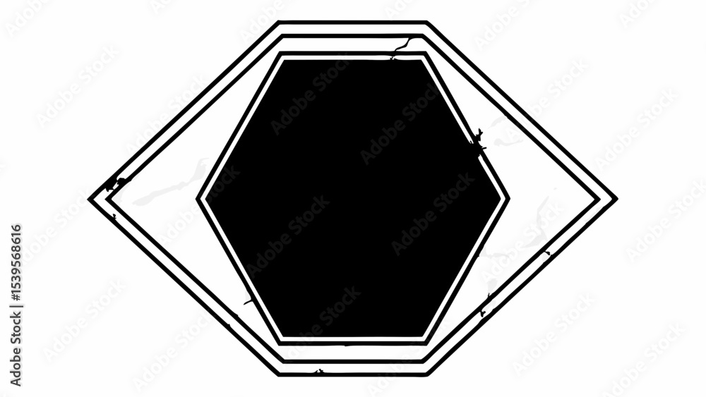 Poster black hexagon inside a diamond shape with double line border and distressed texture on white backgro