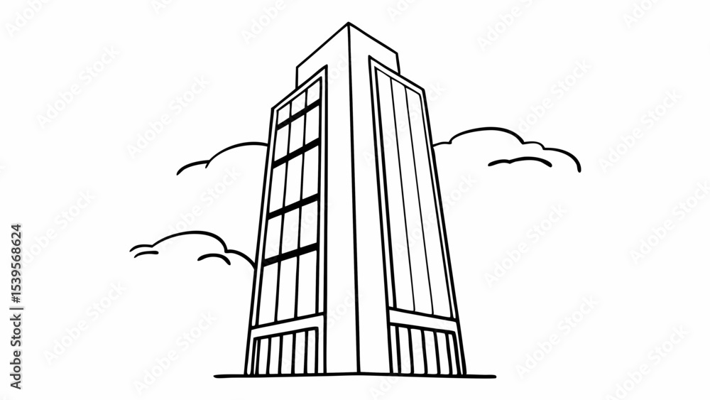 Poster a tall building with many windows rises into the sky surrounded by fluffy clouds in a simple line dr