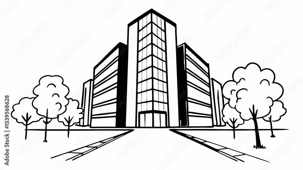 Poster illustration of a modern office building with trees and a path in a black and white line drawing sty