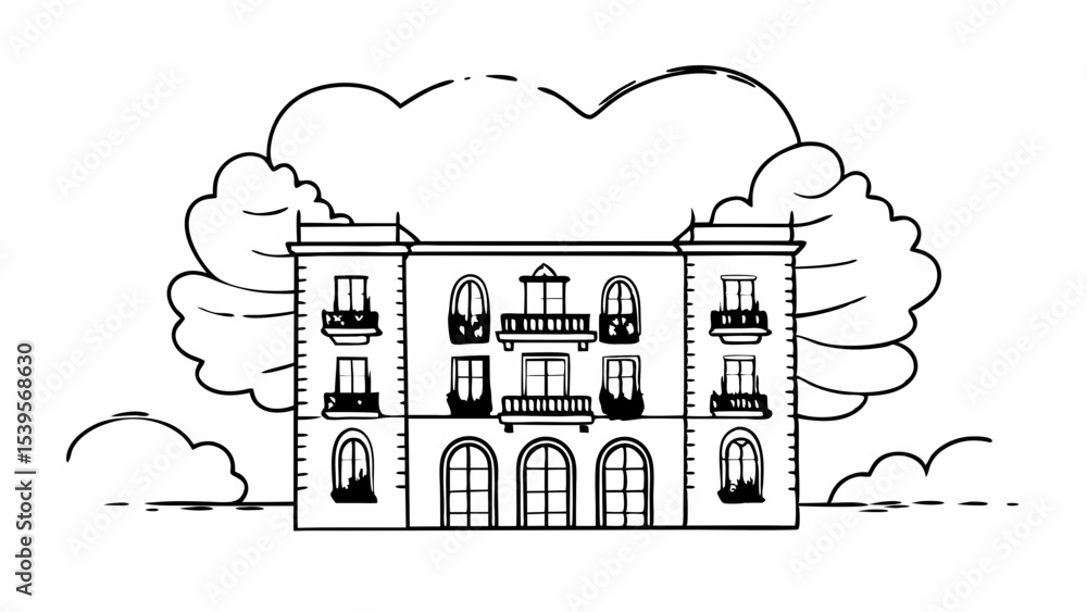 Poster illustration of a grand building with multiple windows and balconies against a cloud background crea
