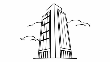 A tall building with many windows rises into the sky surrounded by fluffy clouds in a simple line drawing created with generated ai