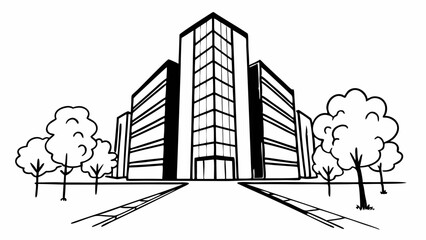 Illustration of a modern office building with trees and a path in a black and white line drawing style created with generated ai