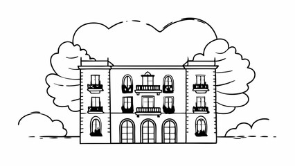 Illustration of a grand building with multiple windows and balconies against a cloud background created with generated ai