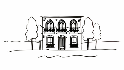 Sketch of a two story house with balconies and trees in a landscape drawing in black and white style created with generated ai
