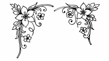 Floral corner design with symmetrical flower and leaf arrangements in a decorative black outline style created with generated ai