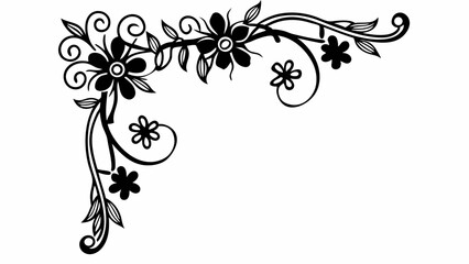 Elegant floral corner design with swirling vines and stylized flowers in black and white illustration style created with generated ai