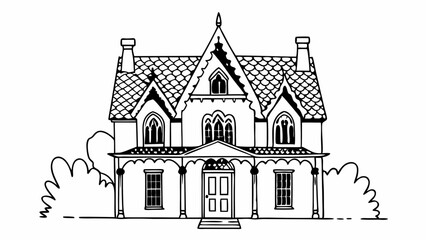 Illustration of a detailed two story house with bushes and a porch in a black and white line drawing created with generated ai