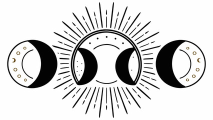 Illustration of moon phases with a sunburst design and crescent moon details on a white background created with generated ai