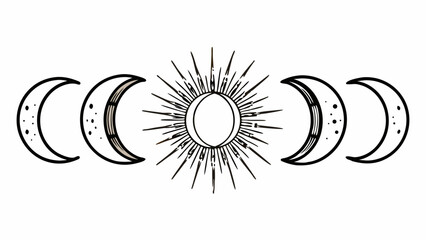 Illustration of moon phases with crescent shapes and sunburst design in black and white coloring style created with generated ai
