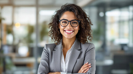 Smiling woman in a gray blazer with arms crossed, standing confidently in a bright, modern office environment.