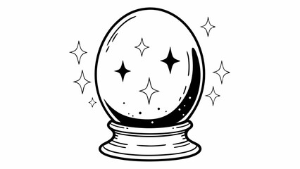 Illustration of a crystal ball with stars inside and surrounding it on a pedestal in black and white created with generated ai