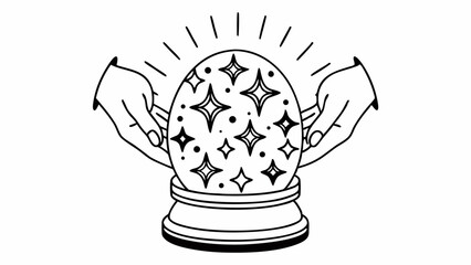 Hands holding a crystal ball with stars and dots on a stand with radiating lines above the ball created with generated ai