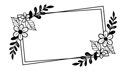 Black and white floral frame with flowers and leaves in the corners of a double line rectangle created with generated ai