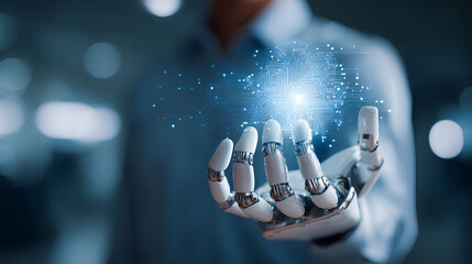 Businessman use artificial intelligence AI technology for enhanced work efficiency data analysis and efficient tools, Unlocking work potential with AI solutions chatbot help solve work problems.