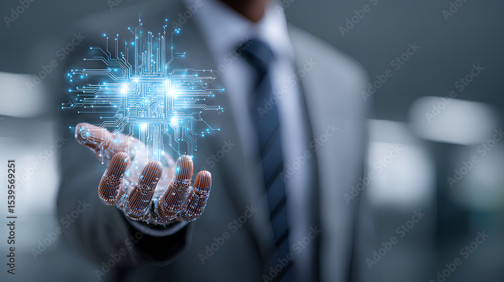 Poster businessman use artificial intelligence ai technology for enhanced work efficiency data analysis and