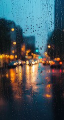 Obraz premium Rainy city street viewed through a wet window