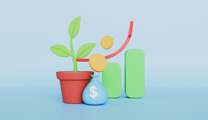 Money bag and graph, Plant pot icons, Dollar coins, Financial growth and wealth concept