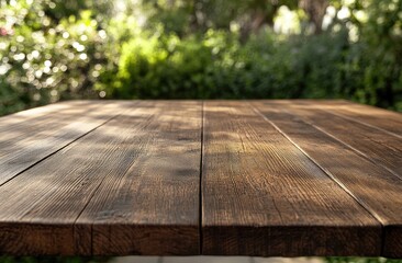 Wooden table top, outdoors, garden background