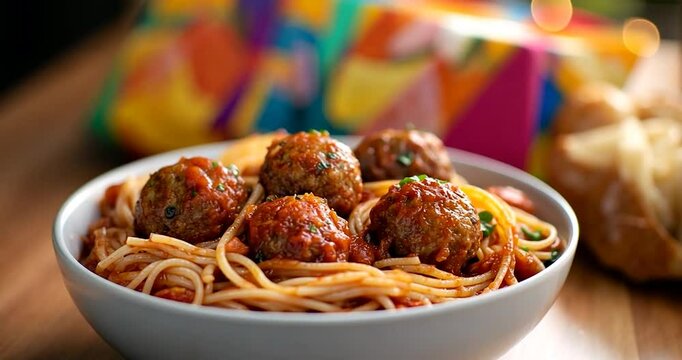 Close-up view of a bowl of spaghetti and meatballs in a rich tomato sauce. A piece of bread is visible in the background, along with a colorful, blurred gift
