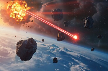Asteroid impact, fiery explosion, debris field