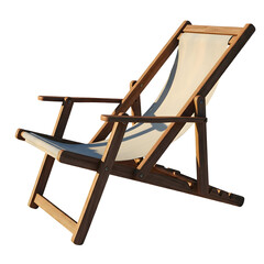 Wooden beach lounger with white canvas seat, reclined for sunbathing and outdoor leisure, isolated on white background