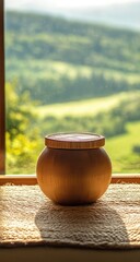 Wooden bowl on windowsill, countryside view
