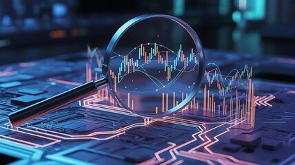 Magnifying glass analyzing stock market data represented on circuit board for business analysis