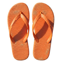 Pair of orange flip-flops with textured footbed and rubber straps, casual summer footwear, casting natural shadow, isolated on white