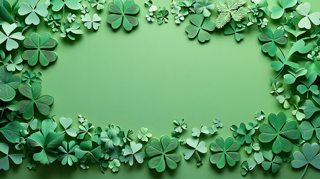 A green-themed image featuring a shamrock cutout design filled with decorative smaller