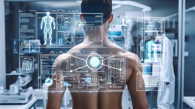 Rear View Of Muscular Man With Futuristic Medical Interface Overlay Inside Laboratory With Blue Light - Powered by Adobe