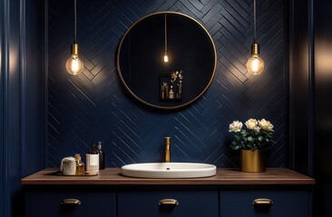 Dark navy blue bathroom with round mirror, wooden vanity, and gold accents