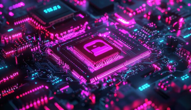 Close-up of a circuit board with a glowing, pink security chip - Powered by Adobe