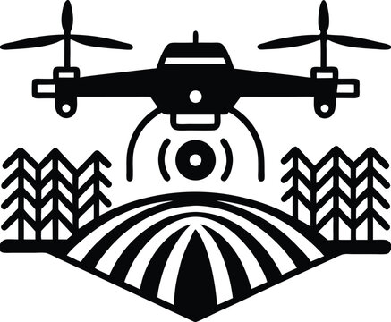 Drone surveying farmland with fields Silhouette and trees modern agriculture precision technology