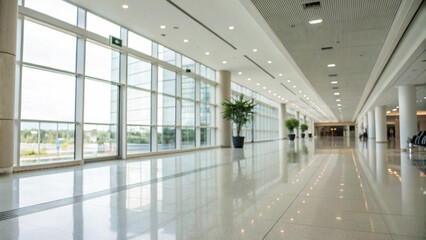 Spacious corporate lobby with gleaming floors and expansive windows, exuding modern design.