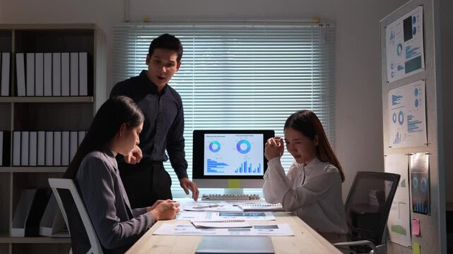 Office conflict escalating with frustrated manager berating female employees, expressing intense dissatisfaction over poor performance and workplace tension