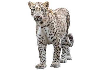 Fototapeta premium Portrait of leopard standing a looking at the camera, Panthera pardus, against white, isolated on transparent or white background