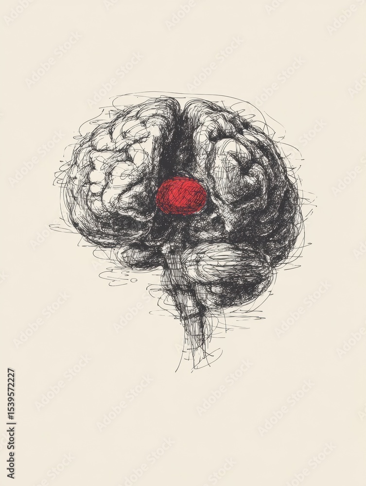 Poster Scribbled Brain Sketch With Vibrant Red Center Designed for Creative Messaging