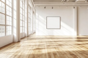 Fototapeta premium Empty gallery space with large windows and a blank canvas
