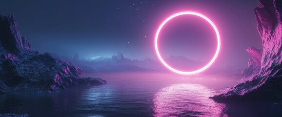 Neon pink ring over a surreal, misty landscape