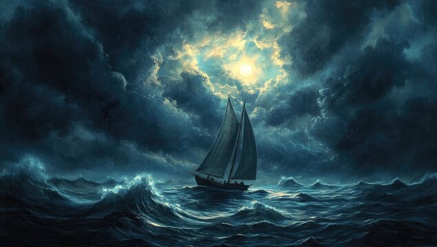 Stormy night seascape with sailboat