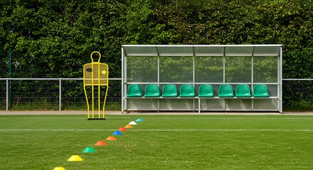 A striking view of a football pitch, complete with a transparent players' bench and an orange dummy, set against a backdrop of lush green foliage.