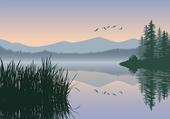 A serene vector landscape of a misty lake at dawn, with silhouetted pine forests framing the scene, distant hazy mountains