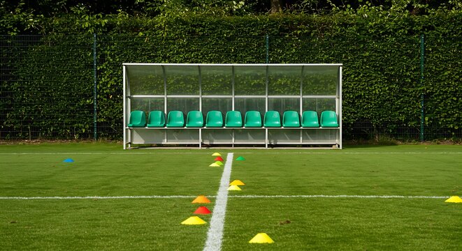 This scene depicts a sporting arena's side-line, focusing on the team dugout and training aids, symbolizing dedication and readiness in football.