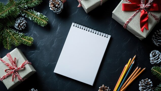 Blank notebook surrounded by Christmas gifts, pine cones, and festive decorations on a dark surface