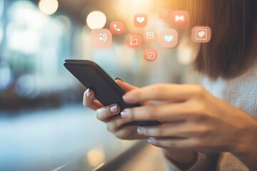 Close-up of hands using a smartphone, social media icons floating
