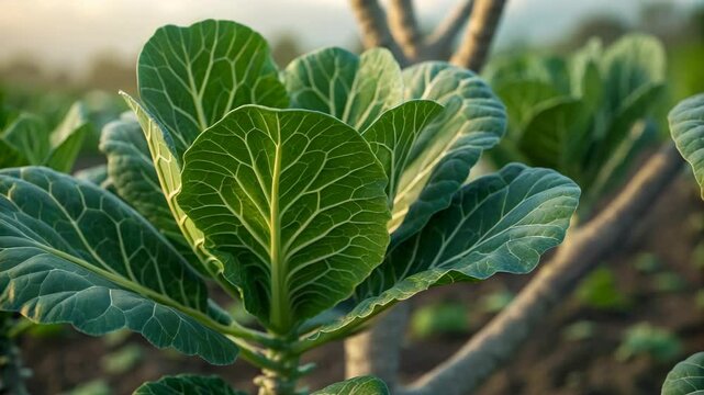 Lush Green Collard Greens Growing in a Vibrant Farm Field at Sunset Basking in Golden Sunlight showcasing their Detailed Leaf Veins