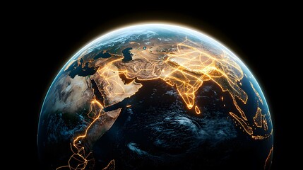A digital rendering of Earth at night, showcasing the Middle East and parts of Asia, with glowing lines representing global trade routes or network connections.